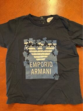 Emporio Armani Navy Tee with Blue and Cream Puzzle Logo